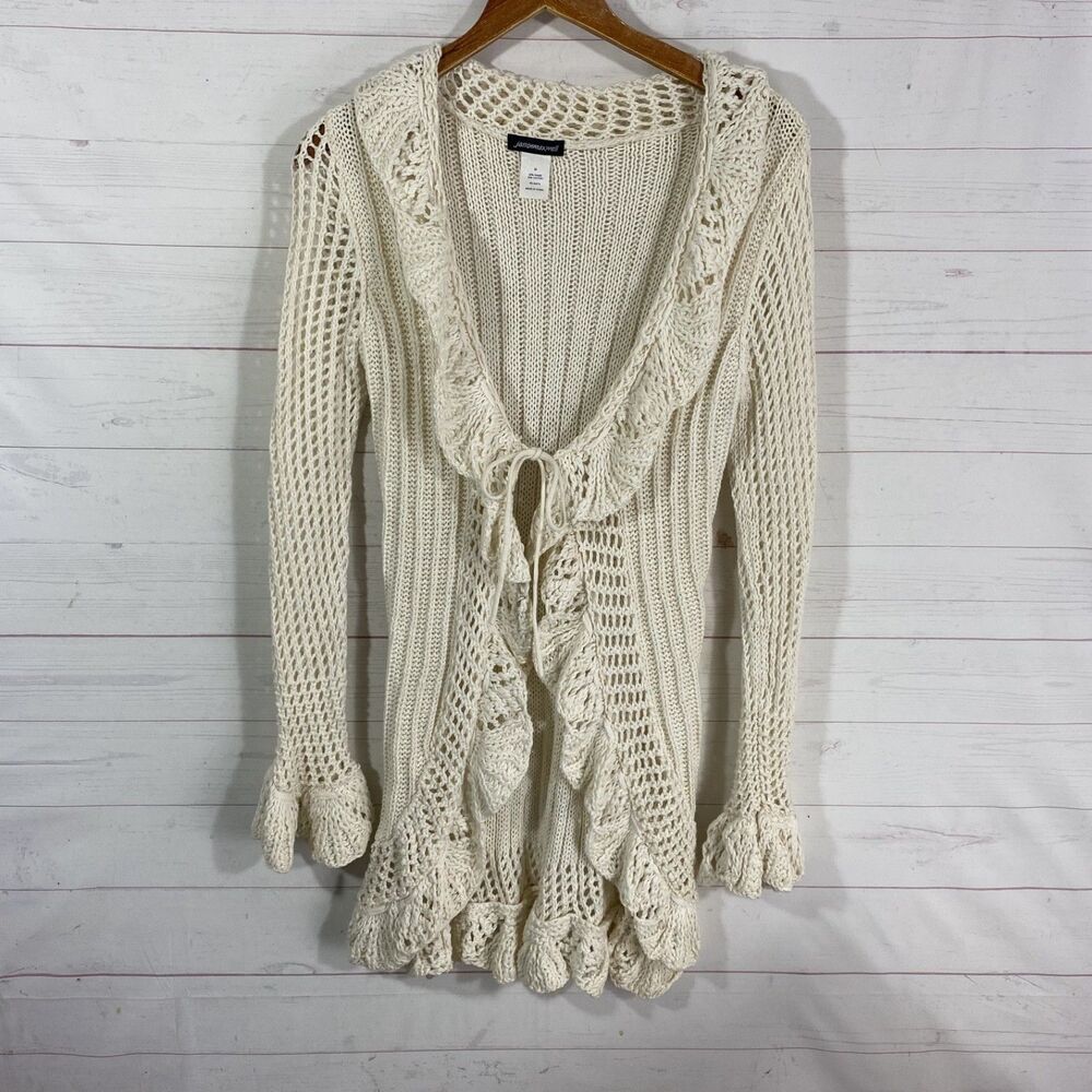 Jason Maxwell Womens Tie Front Cardigan Sweater Sz M Ivory Ramie/Cotton Ruffle
